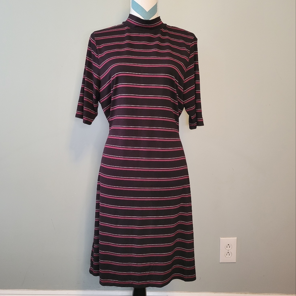 White House Black Market Striped Mock Neck 3/4 Sleeve Dress Size L